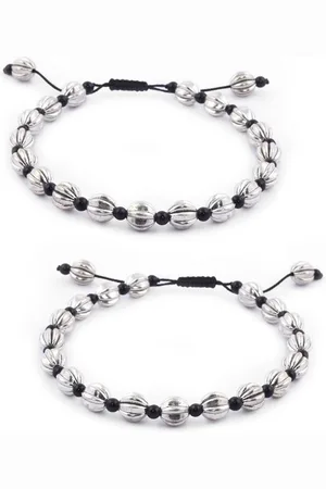 EL REGALO Set of 2 German Silver Black & Silver-Toned Beaded Anklets