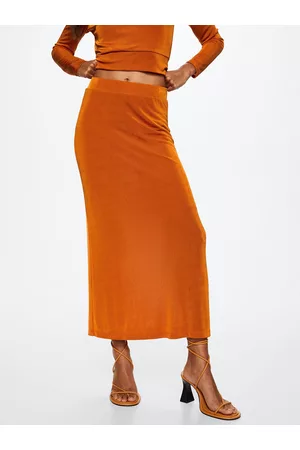 MANGO Women Orange Solid Satin Straight Maxi Sustainable Skirt