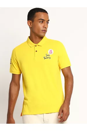 Lee Men Yellow & Red Solid Polo Collar Cotton T-shirt