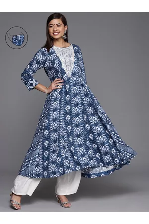 Biba Women Blue & White Ethnic Motifs Printed Anarkali Kurta