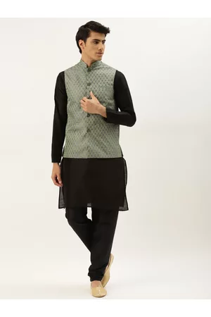 SOJANYA Men Green & Black Ethnic Motifs Jacquard Kurta and Churidar with Nehru Jacket