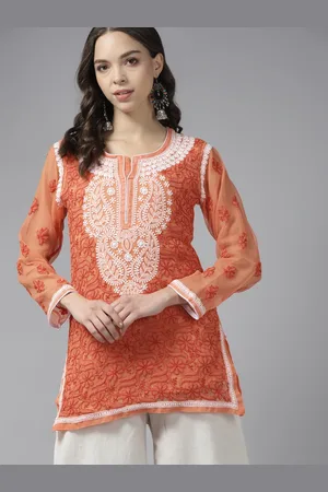 ADAM Co. Rust & White Ethnic Motifs Embroidered Chikankari Handloom Kurti with Matching Slip