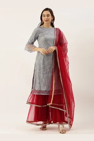 Ethnovog Women Grey Red Embroidered Made To Measure Kurta with Sharara Dupatta