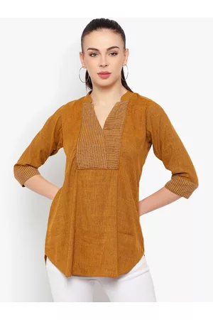 indietoga Women Mustard Solid Cotton Plus Size Tunic
