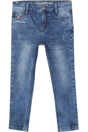 UNDER FOURTEEN ONLY Girls Navy Blue Skinny Fit Low Distress Light Fade Cotton Jeans