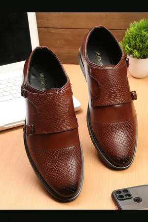 MUTAQINOTI Men Brown Textured Patent Leather Formal Monk Shoes