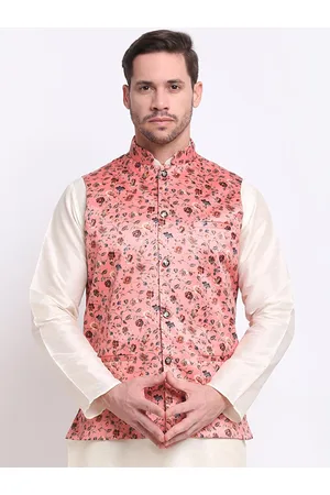 Kraft Men Peach-Coloured & Brown Floral Printed Satin Nehru Jacket