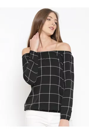 Rare Fashion Women Black Checked Off-Shoulder Top