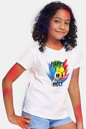 BONKIDS Girls White Happy Holi Mickey Mouse Printed T-shirt