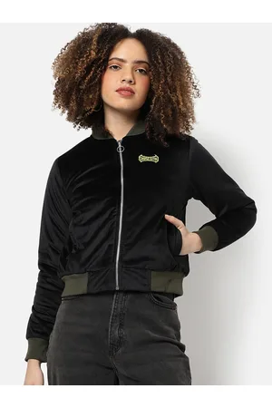 Campus Women Black Windcheater Outdoor Bomber Crop Jacket