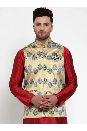 Jompers Men Gold-Coloured & Blue Digital Printed Waistcoat