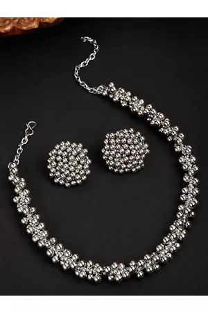 karatcart Silver-Toned Oxidised Choker Necklace Set