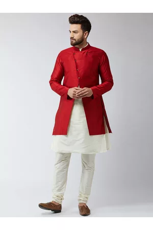 SOJANYA Men Maroon & Off White Self-Design Sherwani Set