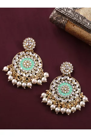 Yellow Chimes Woman Gold Plated Meenakari Kundan Studded Round Pearl Chandbali Earrings