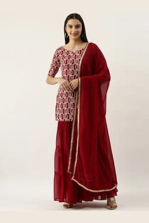 Ethnovog Women Maroon White Embroidered Made to Measure Kurti with Sharara Dupatta