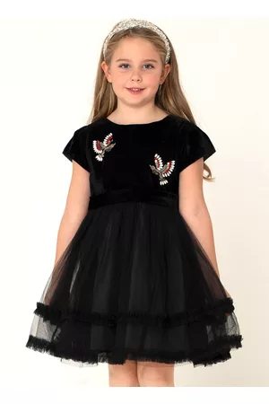 Cherry Crumble Girls Black Embellished Net & Velvet Finish Fit & Flare Dress