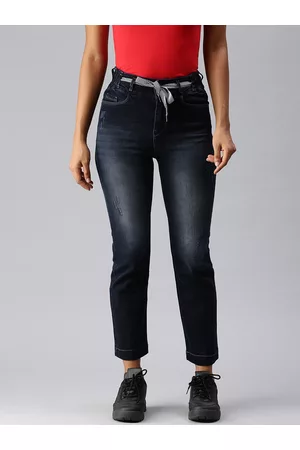SHOWOFF Women Navy Blue Relaxed Fit High-Rise Low Distress Light Fade Stretchable Jeans