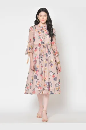 Cation Women Beige & Grey Floral Printed Fit and Flare Dress