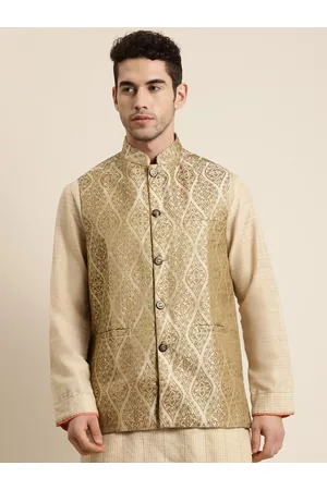 SOJANYA Men Beige & Golden Woven Design Nehru Jacket