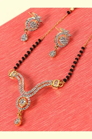 JEWELS GEHNA Black Gold-Plated AD Studded & Beaded Mangalsutra & Earrings Set