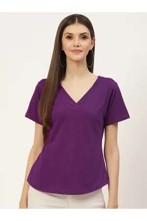 BRINN Women Purple Solid Pure Cotton T-shirt