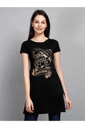 Fleximaa Women Black Print Cotton Longline Top