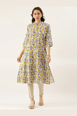 Divena World Women White & Yellow Ethnic Motifs Printed Roll-Up Sleeve Kurta