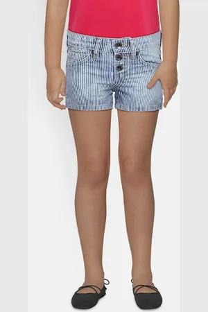 Pepe Jeans Girls Blue & White Striped Regular Fit Denim Shorts