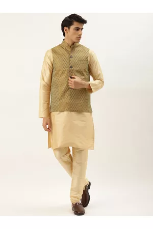 SOJANYA Men Olive Green & Golden Jacquard Ethnic Motifs Kurta & Churidar with Nehru Jacket