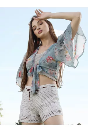 Sera Women Blue & Pink Printed Crop Shrug