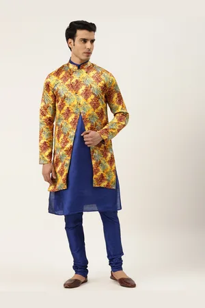 SOJANYA Men Blue & Yellow Solid Kurta with Churidar & Printed Jacket