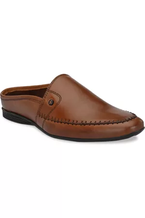 San Frissco Men Tan Brown Textured Leather Mules