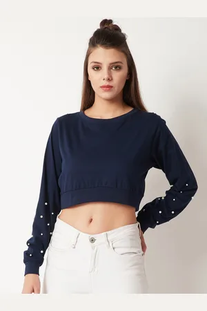Miss Chase Women Navy Blue Embellished Crop Top