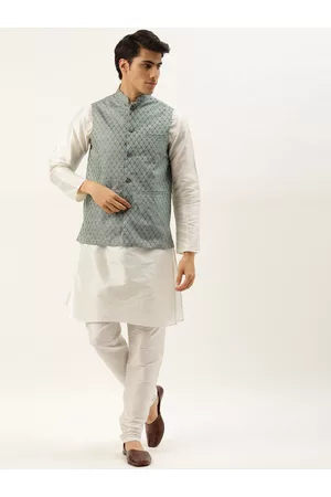 SOJANYA Men Off White & Teal Jacquard Woven Design Kurta with Churidar & Nehru Jacket