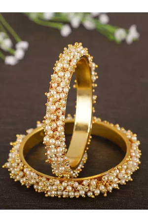 Shining Diva Set Of 2 Gold-Plated & White Pearl Embellished Antique Bangles
