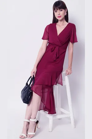 HERE&NOW Women Maroon Chiffon Midi Dress