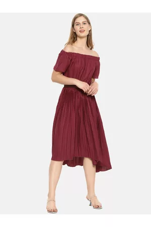 Campus Maroon Off-Shoulder Belted Crepe Midi Dress