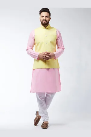 SOJANYA Men Pink & Yellow Solid Kurta And Churidar With Jacket