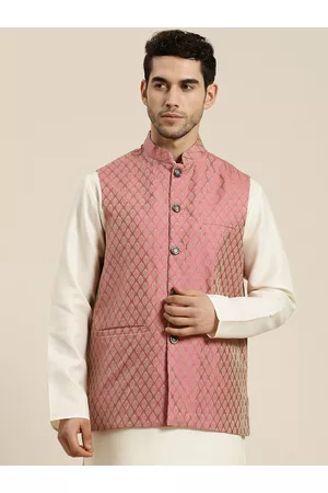 SOJANYA Men Pink & Beige Self Design Jacquard Nehru Jacket