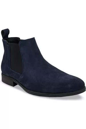 San Frissco Men Navy Blue Solid Leather Mid-Top Chelsea Boots