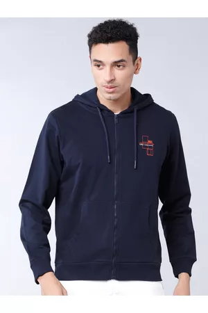 LocoMotive Men Navy Blue Printed Hooded Sweatshirt