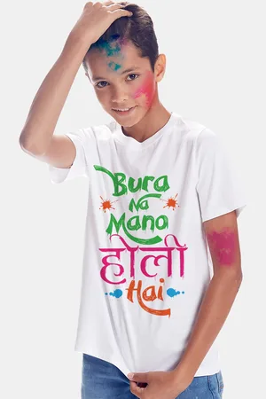BONKIDS Boys White Bura Na Mano Holi Round Neck T-shirt
