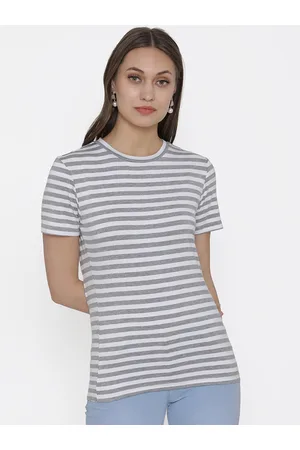 DOOR74 Women Grey And White Striped Round Neck T-shirt