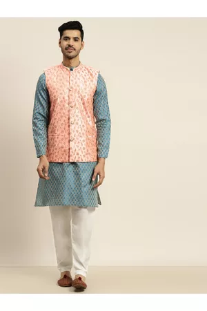 SOJANYA Men Blue Ethnic Motifs Kurta with Churidar with Nehru Jacket
