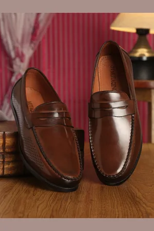 MUTAQINOTI Men Brown Perforations Lightweight Patent Leather Formal Loafers