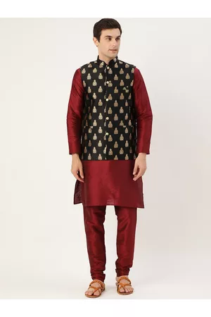 SOJANYA Men Maroon & Black Solid Kurta with Churidar & Nehru Jacket