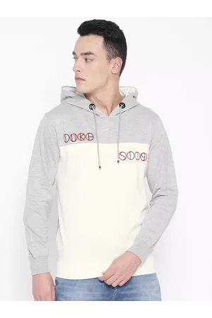 Duke Men Off-White & Grey Melange Colourblocked Hooded Sweatshirt