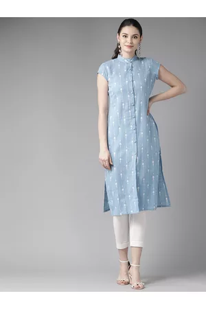 See Designs Women Blue & White Khari Print Straight Kurta
