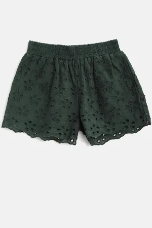 Cherry Crumble Girls Green Schiffli Embroidered Cotton Regular Fit Shorts