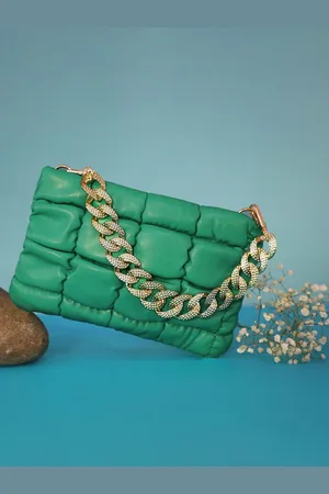 Campus Sutra Green Textured PU Structured Sling Bag with Quilted